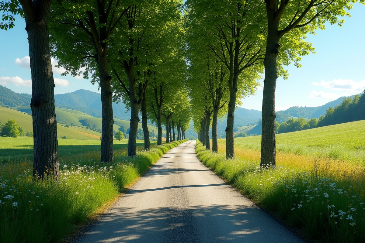 Chemin rural en France avec arbres et fleurs sauvages
