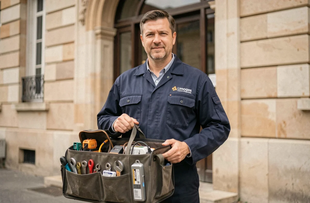 Technicien de SAF Serrurerie Électricité Plomberie devant un bâtiment à Limoges avec son sac d'outils multi-métiers