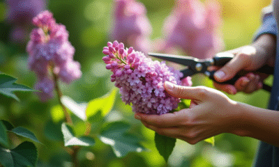 Main tenant une branche de lilas dans un jardin en plein jour
