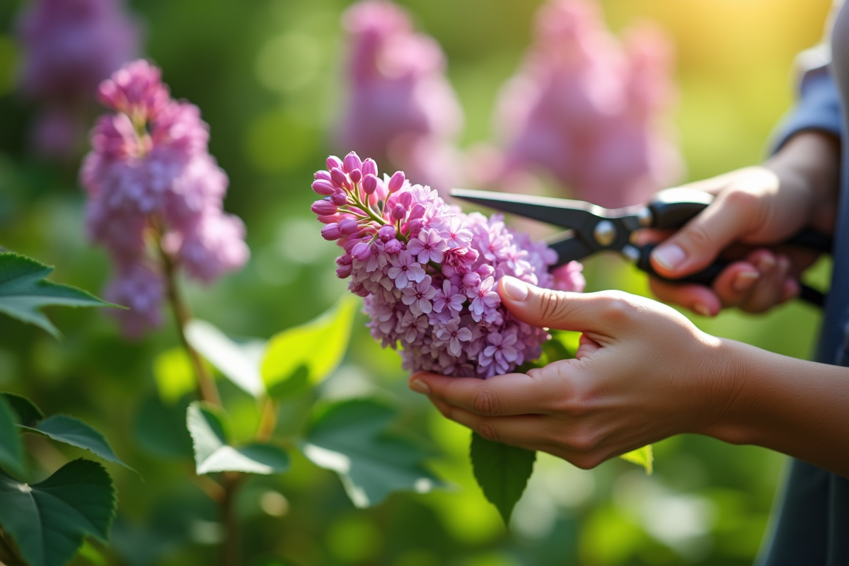 Main tenant une branche de lilas dans un jardin en plein jour