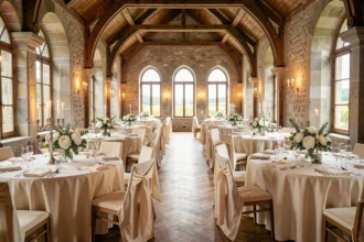 Salle de réception élégante dans le Grand Est avec plafonds voûtés en pierre, tables dressées en lin ivoire et vue sur un vignoble alsacien