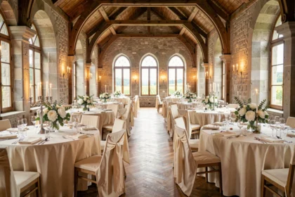 Salle de réception élégante dans le Grand Est avec plafonds voûtés en pierre, tables dressées en lin ivoire et vue sur un vignoble alsacien