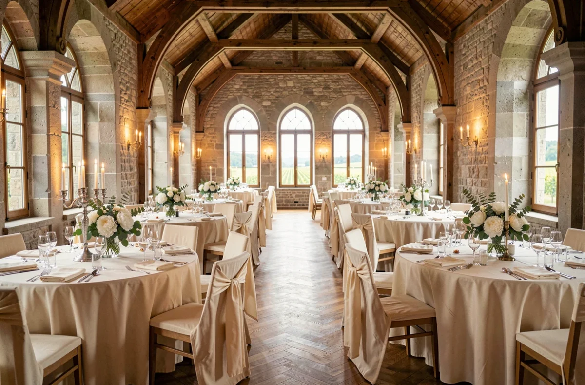 Salle de réception élégante dans le Grand Est avec plafonds voûtés en pierre, tables dressées en lin ivoire et vue sur un vignoble alsacien
