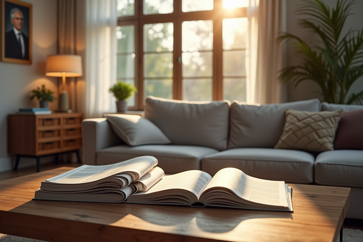 Salon moderne avec livres et portrait de couple en finance