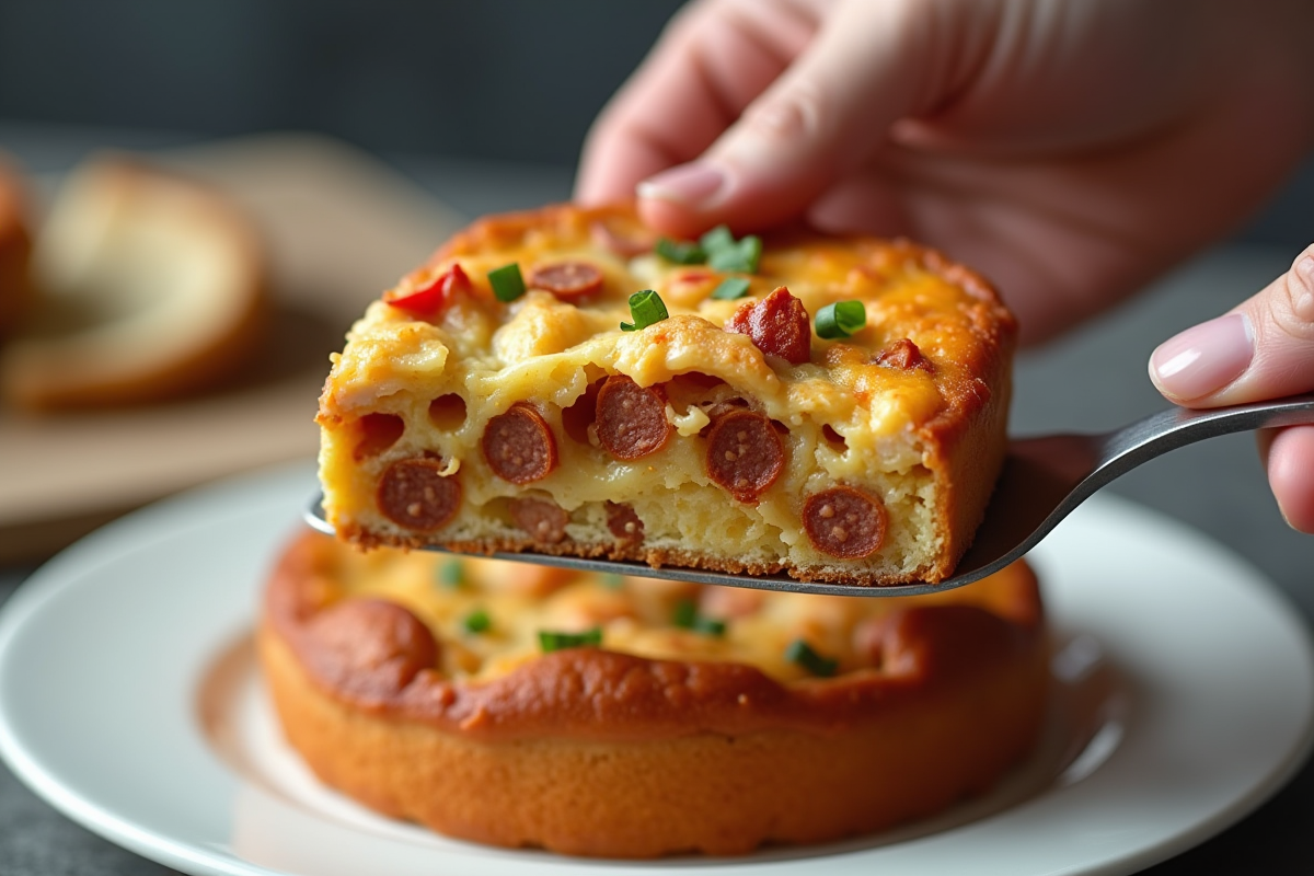 Mains servant une tranche de gâteau poivron chorizo sur assiette