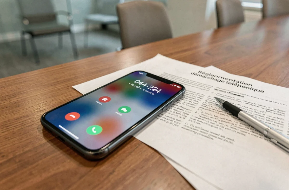 Smartphone affichant un appel entrant d'un numéro inconnu 0424 à côté d'un document réglementaire sur le démarchage