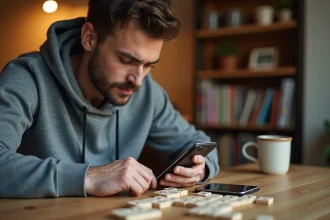 Homme utilisant une application de solver de mots sur smartphone pendant une partie de jeu de lettres