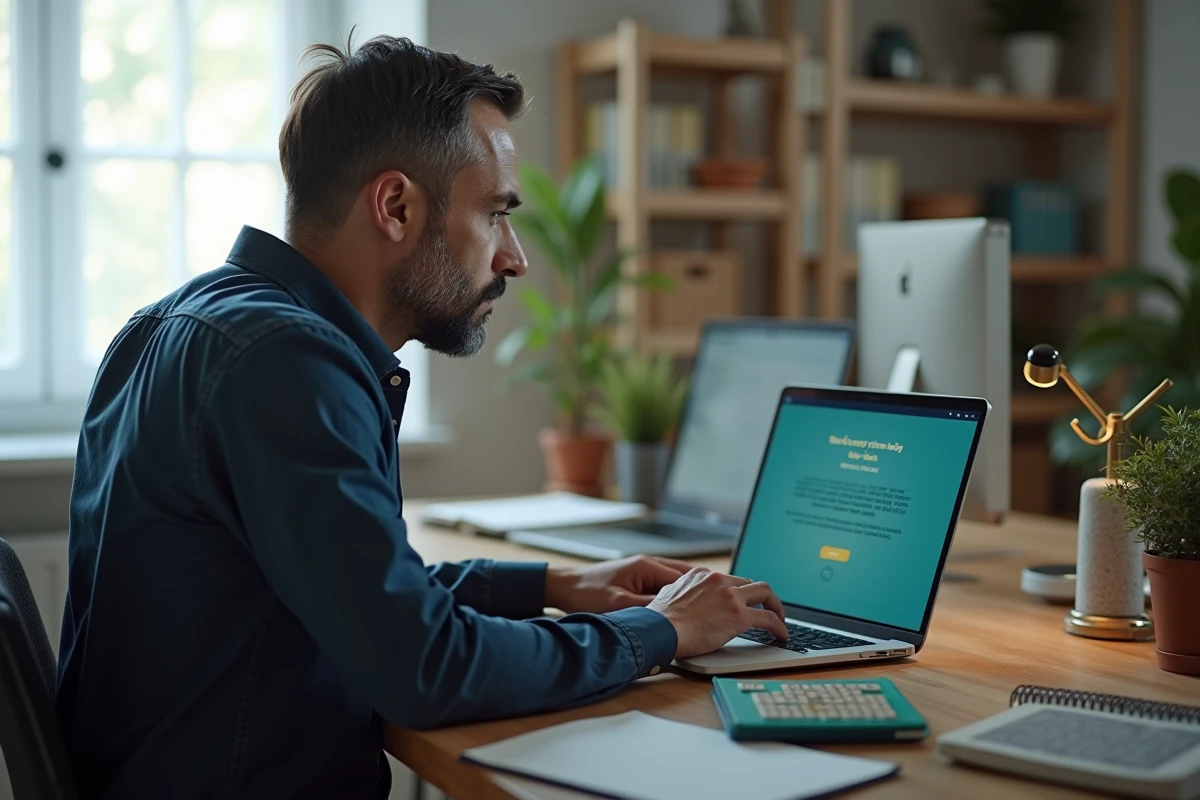 Homme consultant un solver de mots en ligne sur ordinateur portable pour préparer sa stratégie au Scrabble