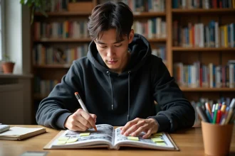 Jeune homme annotant un volume de manga Black Clover avec des post-it pour suivre sa progression de lecture