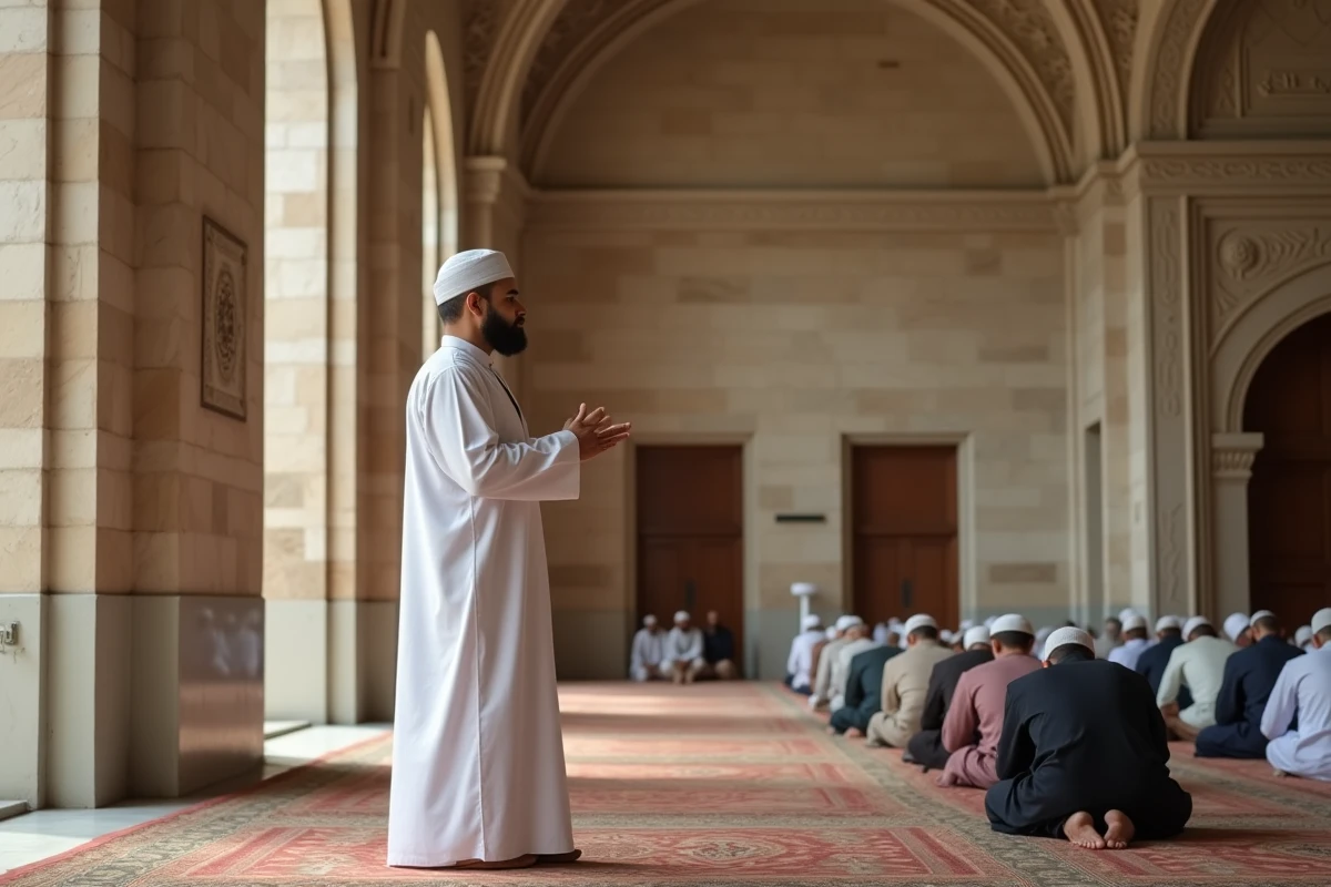 Imam dirigeant la prière des tarawih à la mosquée de Ris-Orangis lors du ramadan 2026, fidèles alignés sur des tapis de prière