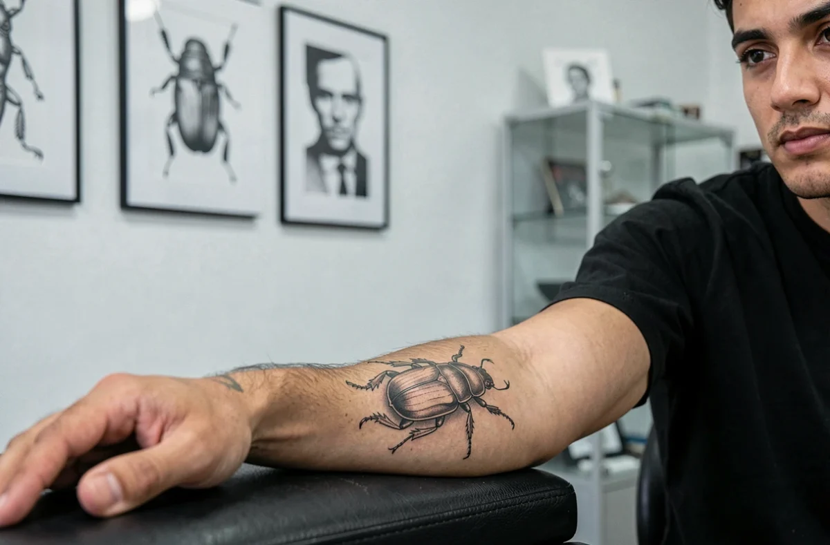 Tatouage scarabée en fine ligne noire sur l'avant-bras d'un homme dans un studio de tatouage moderne