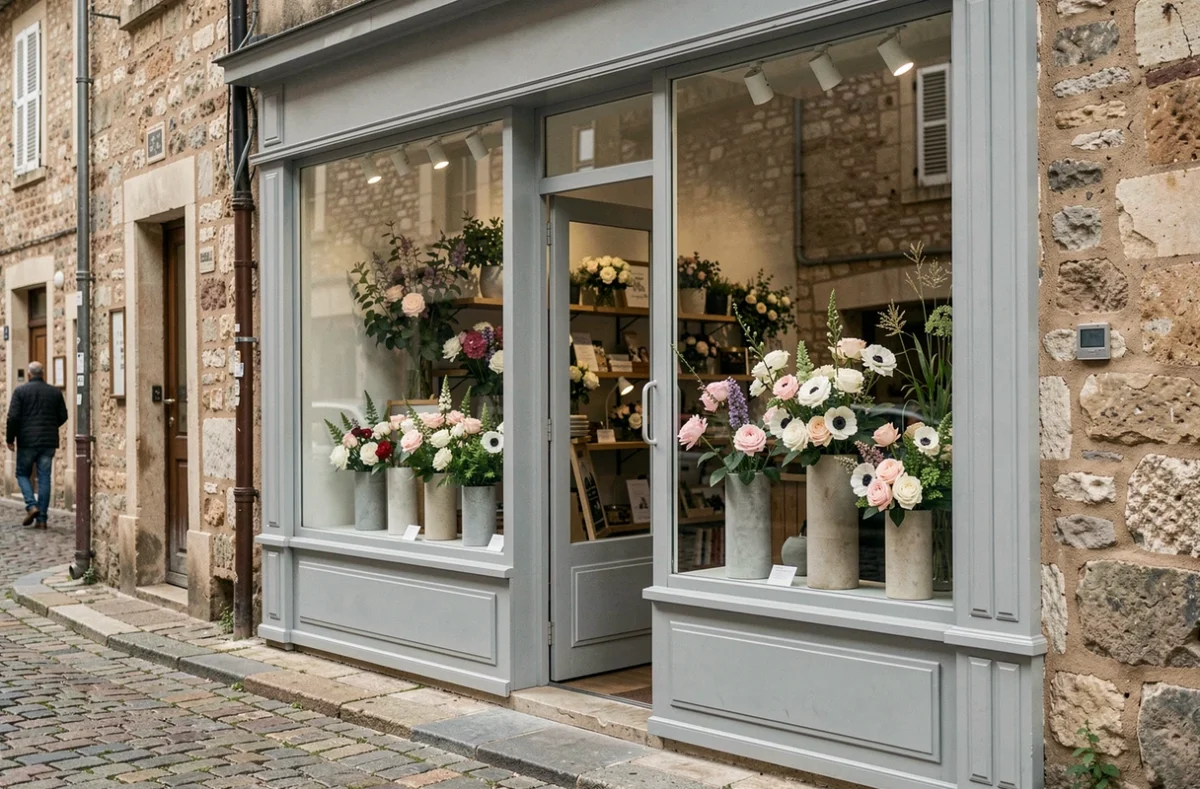 Devanture moderne de la boutique Un Jour en Ville avec des compositions florales minimalistes exposées dans une vitrine en Vaucluse