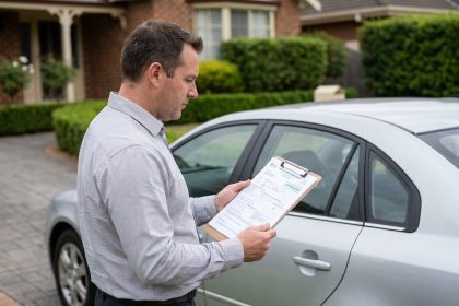 Vendeur de voiture tenant un document de contrôle technique officiel devant sa berline garée dans une allée résidentielle