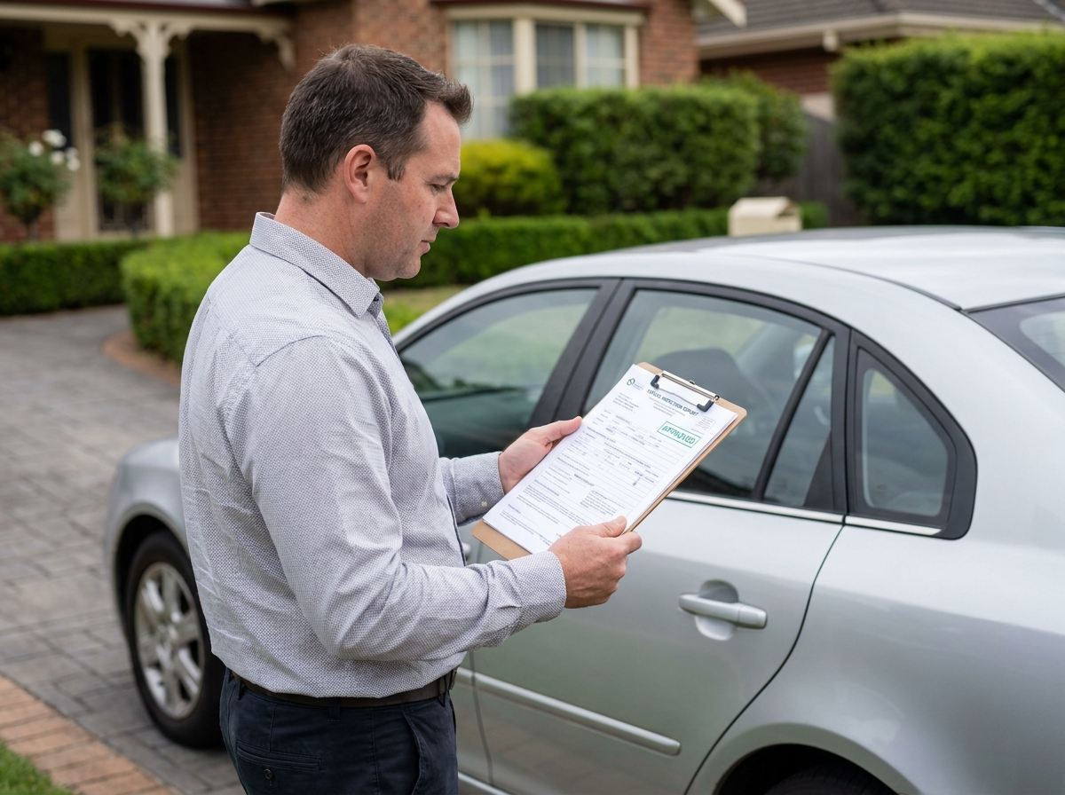 Vendeur de voiture tenant un document de contrôle technique officiel devant sa berline garée dans une allée résidentielle