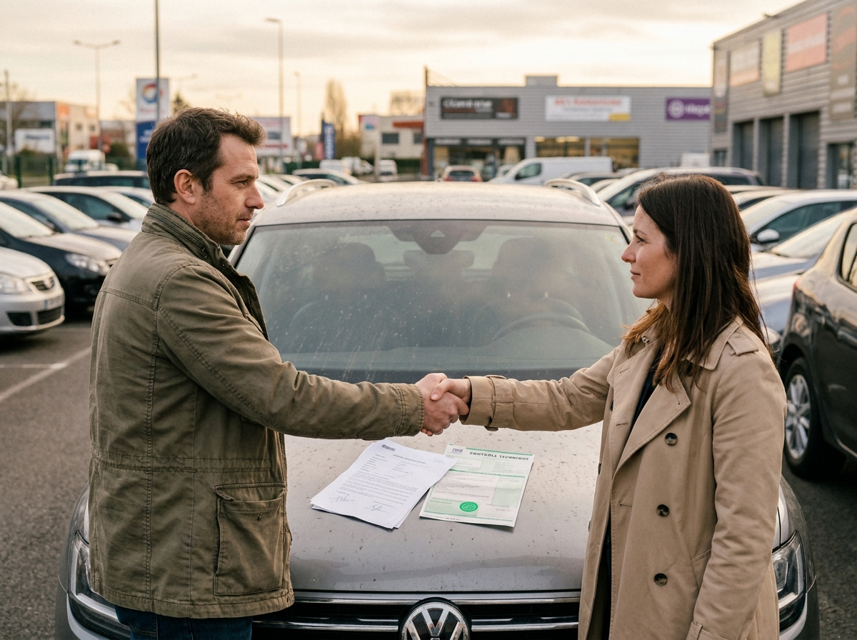 Acheteur et vendeur se serrant la main lors de la vente d'une voiture avec le certificat de contrôle technique posé sur le capot