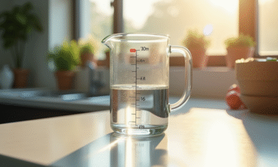Verre mesureur d'eau sur plan de travail en cuisine