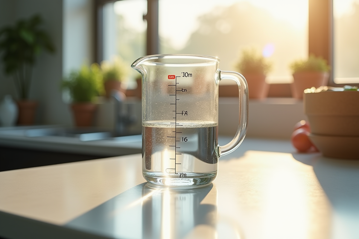Verre mesureur d'eau sur plan de travail en cuisine