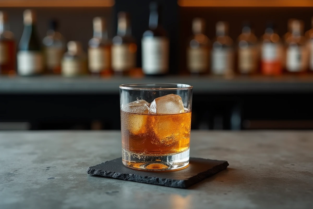 Verre de whisky japonais Akashi Single Malt avec glaçons sur un comptoir de bar contemporain en béton