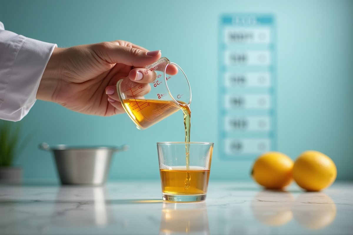 Main versant 150 ml de liquide dans un verre avec tableau de conversion