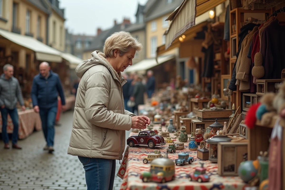Femme curieuse examinant des objets anciens lors d'un vide grenier en Orne